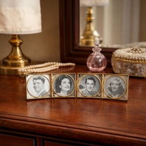 Vintage miniature Hollywood Glam MCM Folding Photo Frame Faux Pearl TCAA 1954